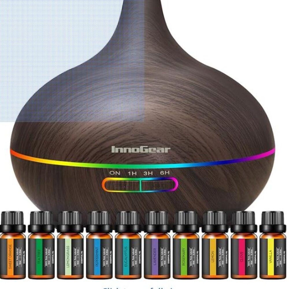 InnoGear Wood Diffuser 400ml + 10 Oils 4 Timers 7 Lights Ultrasonic Humidifier